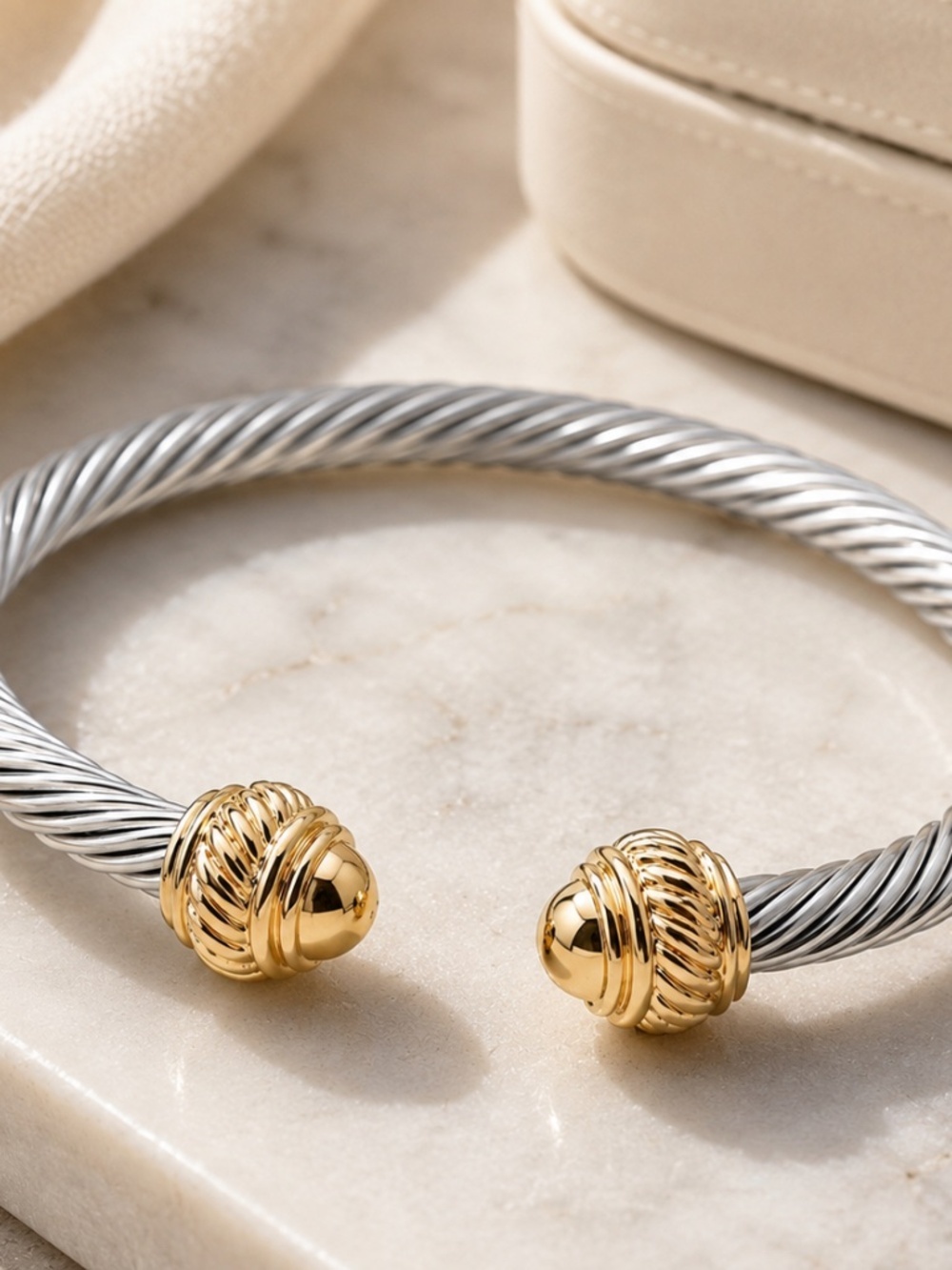 Two-Tone Twisted Cable Cuff Bracelet - Silver and Gold - Picture 5 of 8